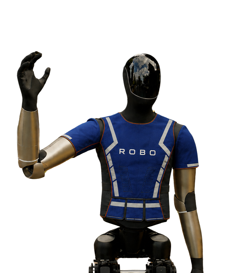 Humanoid robot wearing a blue ROBO high-visibility uniform vest